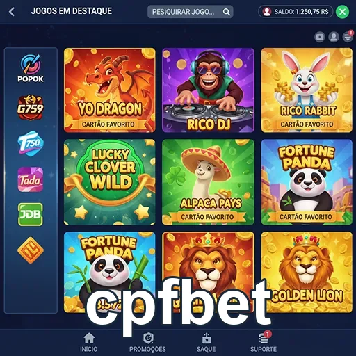 Destaque das slots do cpfbet com jogos como Rico DJ e Fortune Panda.